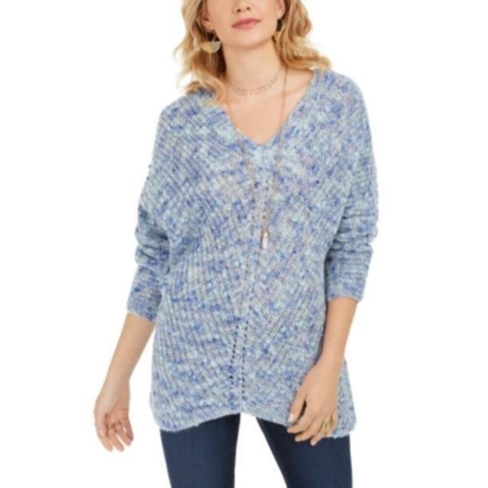 Style & Co Blue Multi Flecks Pointelle Knit V-Neck Sweater Oversized XL NWT